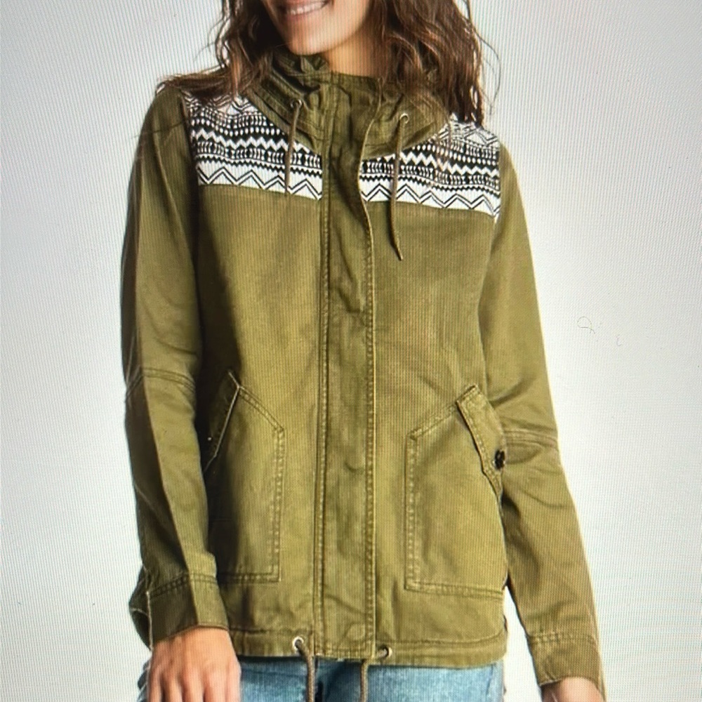 Roxy Army Green Hooded Utility Jacket with Aztec print